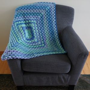 Crocheted Ruffled Granny Baby Blanket - Blue, Green and Purple